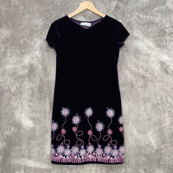 Vintage 90s Girls Dress Size 14 Deep Purple Velvet Embroidered Flowers Y2K - Picture 1 of 9
